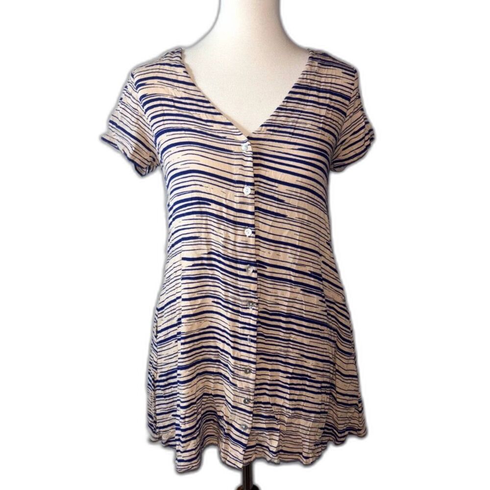 Ava Sky Button Up Striped Mini Dress Tunic Size Small Tan Blue